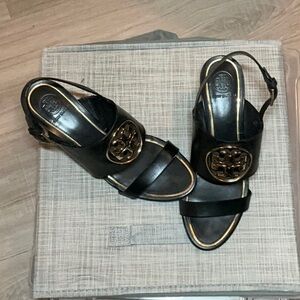 Tory Burch Black Wedges with Gold Accents